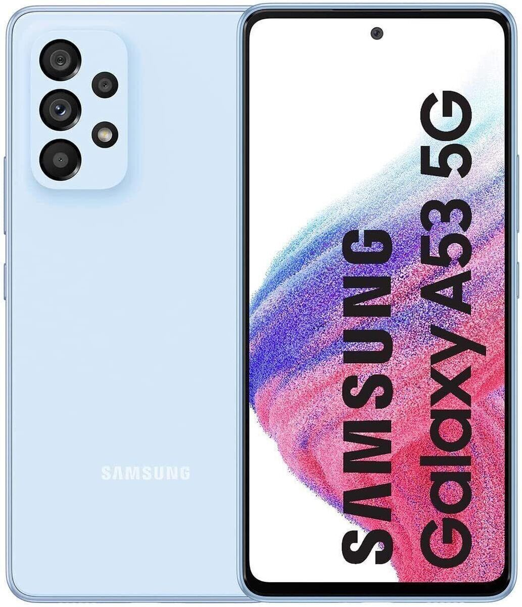 Samsung Galaxy A53 5G smartphone in blue color showing the front with the display on and the back with the quad-camera system.